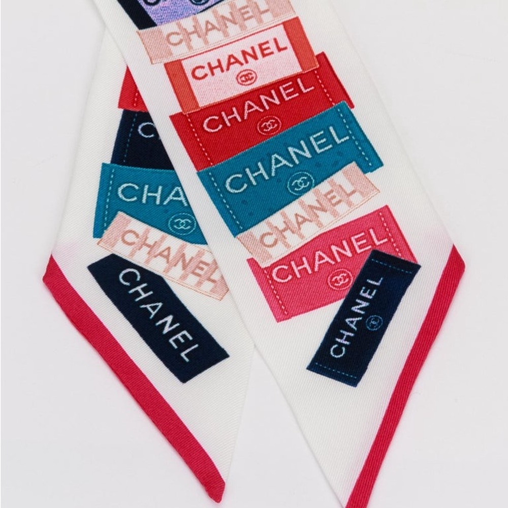 Chanel White and Multicolor Logo Scarf